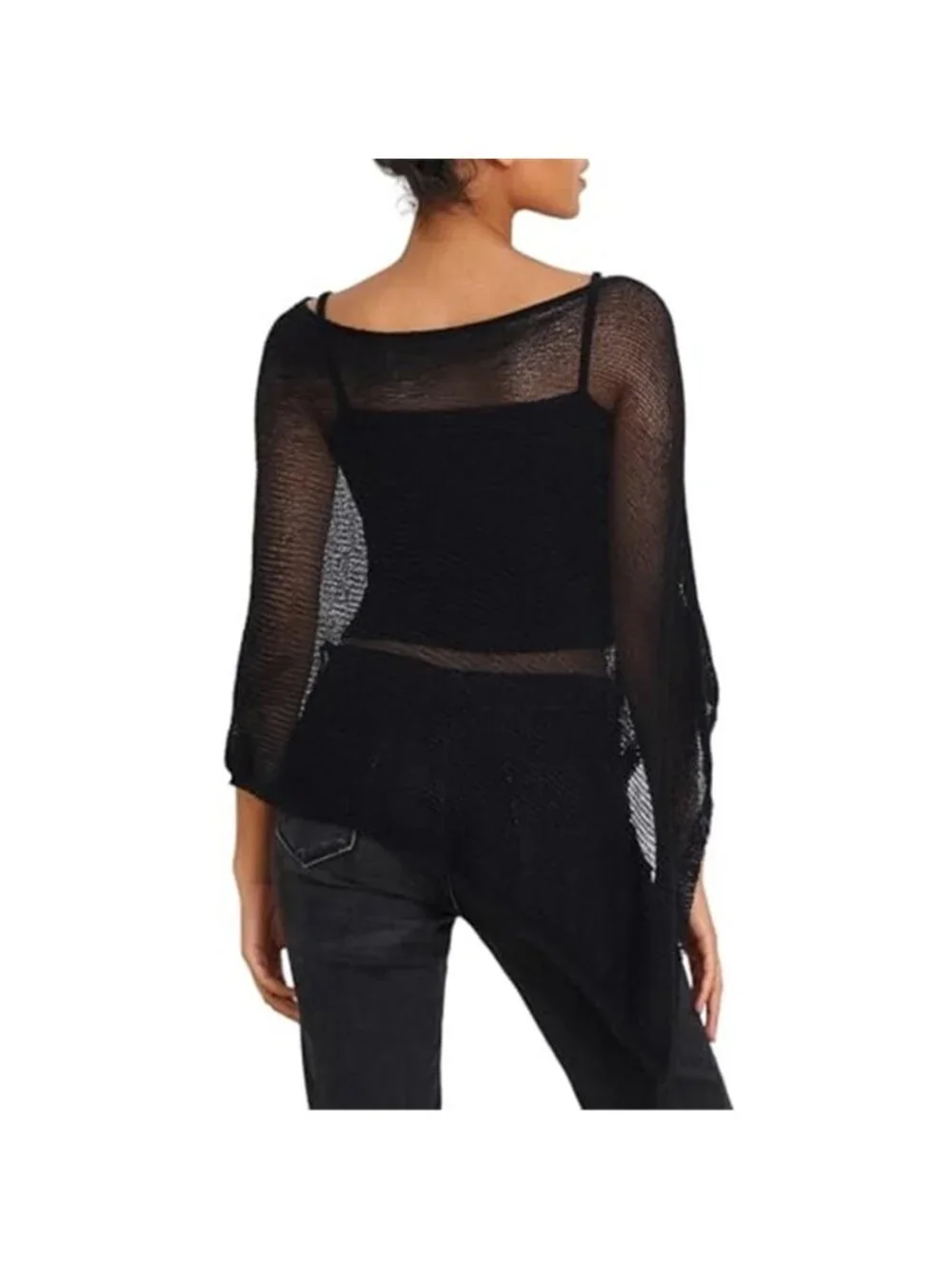 Womens Sheer Poncho Top Y2k Knitted Summer Asymmetrical Mesh Shawl Pullover